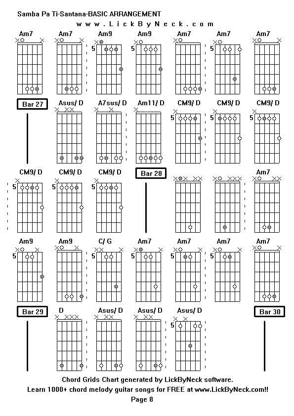 Chord Grids Chart of chord melody fingerstyle guitar song-Samba Pa Ti-Santana-BASIC ARRANGEMENT,generated by LickByNeck software.